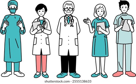 Medical professional people set, full body illustration.