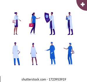 Medical professional people team concept. Vector flat person illustration set. African american ethnicity. Group of male and female doctor in coat, mask and gloves. Design for banner, web, infographic