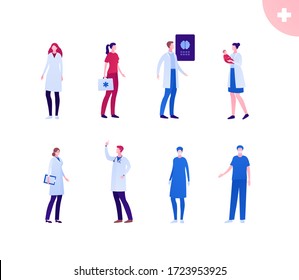 Medical professional people team concept. Vector flat person illustration set. Caucasian. Group of male and female doctor in coat, mask and glove. Design for banner, web, infographic