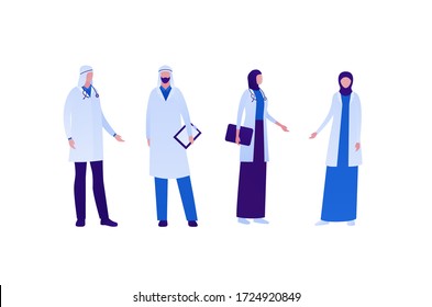 Medical professional people team concept. Vector flat person illustration set. Muslim arab ethnic. Group of male and female doctor. Women in hijab. Design for banner, web, infographic