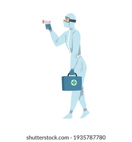 Medical Professional in Protective Suit Checking Temperature with Body Temperature Scanner to Scrub Coronavirus Infection Cartoon Vector Illustration