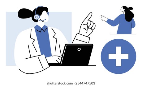 Medical professional sitting at a desk wearing a headset participating in a virtual consultation. Ideal for telemedicine, online healthcare, medical advice, health technology, virtual consultation