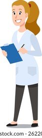 Medical professional smiling and writing notes on a clipboard, wearing a lab coat, conveying professionalism, healthcare, and attention to detail