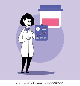 Medical professional standing in lab coat, displaying patient report while holding medication container. Healthcare concept