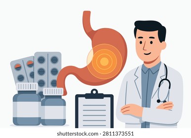Medical professional standing next to a large stomach anatomy diagram and various pill bottles and blister packs for gastric health care.