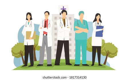 medical professional team standing in front of hospital building cartoon