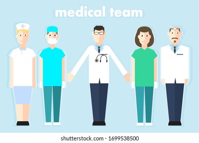 Medical professional team in uniform cartoon character design flat style.
