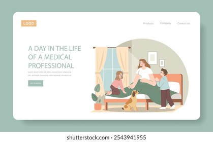 Medical professional unwinding at home with family, showcasing work-life balance. Warm familial scene depicts relaxation time. Vector illustration.