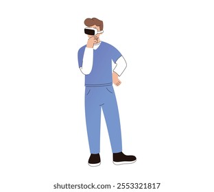 Medical Professional Using VR Headset for Training or Analysis. Vector flat illustration of serious thinking male doctor.