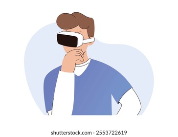 Medical Professional Using VR Headset for Training or Analysis. Vector isolated flat illustration of serious thinking male doctor.