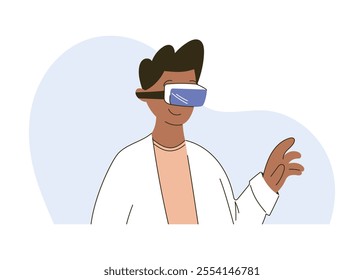 Medical Professional Using VR Headset for Training or Analysis. Vector isolated flat illustration of serious thinking male doctor.