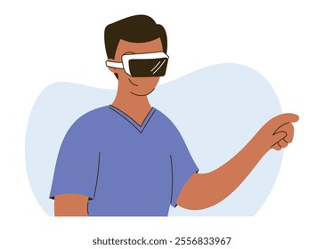 Medical Professional Using VR Headset for Training or Analysis. Vector isolated flat illustration of serious thinking male doctor.