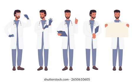 Medical professional in various poses including holding clipboard, wearing gloves, and presenting blank sign, ideal for healthcare, education, and presentation uses isolated on white background vector