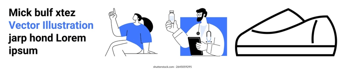 Medical professional in white coat with stethoscope, examining a bottle. Seated woman in blue top holding phone. Shoe outline on the right. Ideal for healthcare, consultation, telehealth, medical