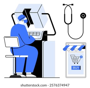 Medical professional working at a computer station, stethoscope and online shopping concept shown. Ideal for healthcare, telemedicine, e-commerce, digital technology, and online shopping themes