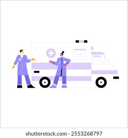 Medical Professionals With Ambulance In Flat Vector Illustration Symbolizing Emergency Services, Healthcare, And Support, Isolated On White Background