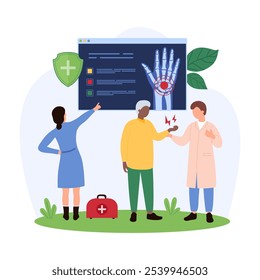 Medical professionals analyzing hand arthritis with an X-ray, discussing diagnosis and treatment options in a clinical setting vector illustration.