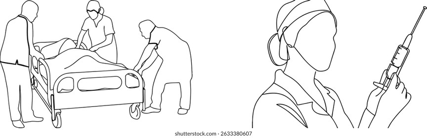 Medical professionals assisting patient on hospital bed and nurse preparing injection ready to administer