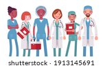 Medical professionals, clinic doctors, hospital nurses, emergency technicians. Diverse group of healthcare workers wearing sanitary clothing. Vector flat style cartoon illustration on white background