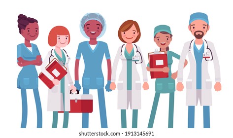 Medical professionals, clinic doctors, hospital nurses, emergency technicians. Diverse group of healthcare workers wearing sanitary clothing. Vector flat style cartoon illustration on white background