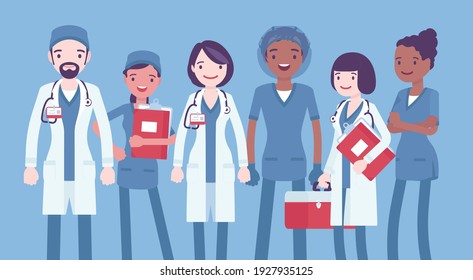 Medical professionals, clinic doctors, hospital nurses, emergency technicians. Diverse group of healthcare workers wearing sanitary clothing and uniform. Vector flat style cartoon illustration