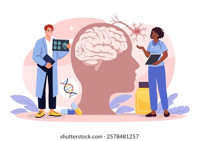 Medical professionals discussing brain health with MRI scans, a brain diagram, and related elements on a white background. Vector illustration