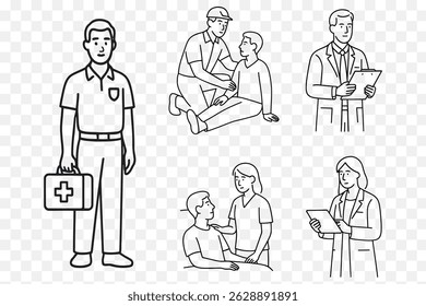 Medical Professionals  Emergency Healthcare Support Line Art Illustration Set Doctors