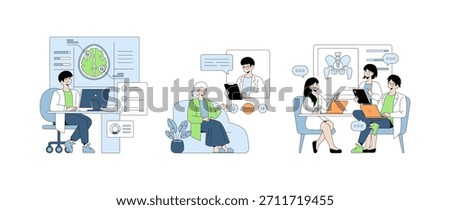 Medical professionals engage in a virtual consultation. A doctor at a computer, a patient listening, and a team discussing health data are featured in this vector illustration.