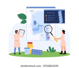 Medical professionals examine a skull and neck x-ray with a giant magnifying glass. Scene includes medication and an anatomical chart, emphasizing detailed medical analysis vector illustration