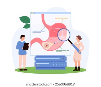 Medical professionals examining details of digestive system with a magnifying glass, discussing and annotating various parts, emphasizing collaboration and research vector illustration.