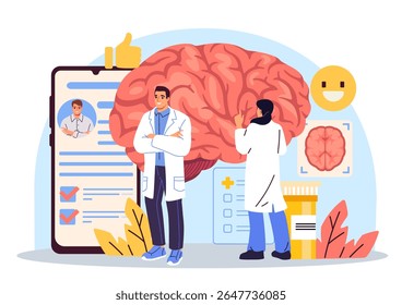 Medical professionals examining human brain with digital tools and health data in a modern flat style on a white background. Concept of neurology and diagnostics. Vector illustration