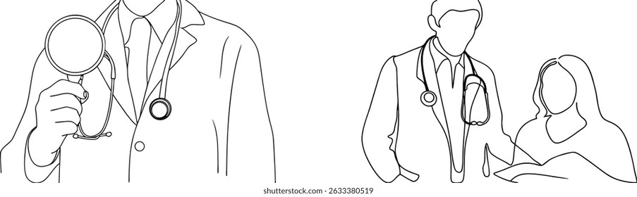 Medical professionals examining patient represented by minimalist line art illustrations