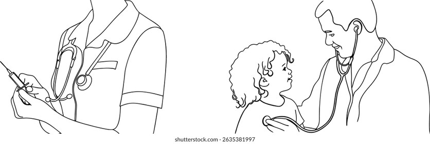 Medical professionals examining and treating a child with a stethoscope and preparing an injection.