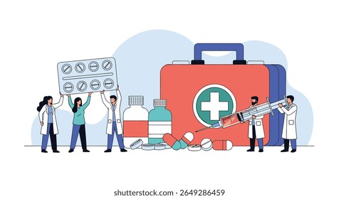 Profissionais médicos se reúnem em torno de um grande kit de primeiros socorros com seringas e medicamentos, criando um cenário de saúde e pesquisa científica para melhores tratamentos