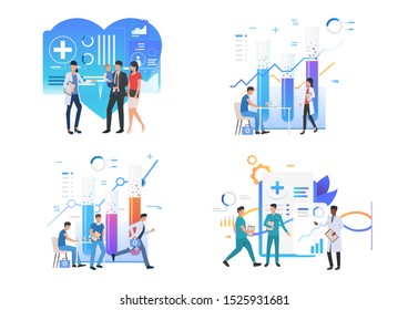 Medical professionals illustration set. Doctors talking to patients, doing lab research, discussing medical history. Medicine concept. Vector illustration for posters, presentations, landing pages