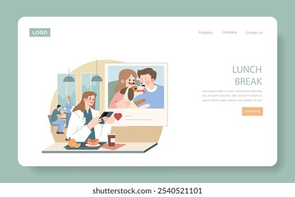 Medical professional's lunchtime. A heartwarming break with family chatting online in hospital canteen. Caring for personal life during work hours. Vector illustration.