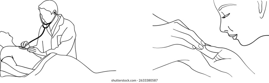Medical professionals perform examination and patient treatment in modern line art illustrations