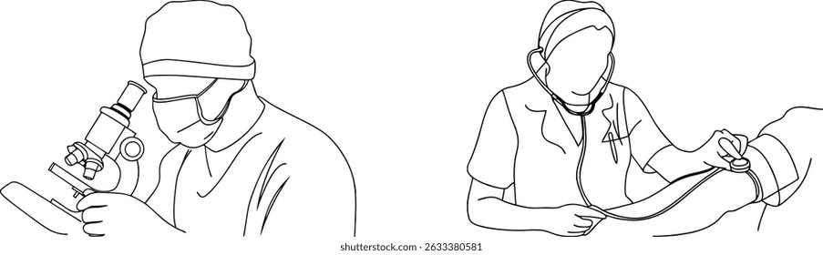 Medical professionals performing laboratory analysis and blood pressure measurements in line art