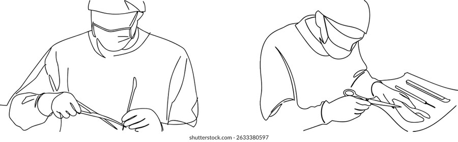 Medical professionals performing surgery represented in minimalist one line drawing illustration