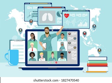 Medical Professionals Remotely Discussion Or Consulting Videoconference At Laptop Screen Vector Banner. Online Webinar, Medicine Distance Courses. Doctor Teaching To Academic Students In Virtual Class