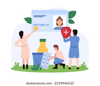 Medical professionals reviewing patient ID cards and medication, ensuring accurate information and effective treatment in a clinical setting, vector illustration.