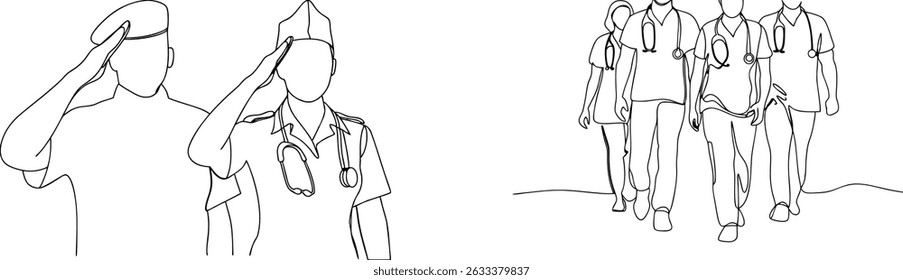 Medical professionals salute and team of doctors walking forward simple line drawing