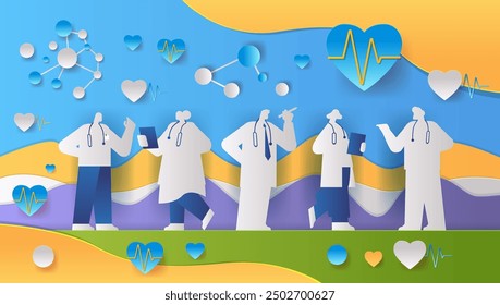 Medical professionals teamwork healthcare concept paper cut style silhouettes heartbeat icons molecular structures colorful background