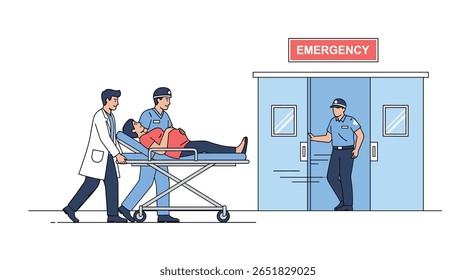 Medical professionals transport patient to emergency room entrance for urgent care