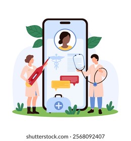 Medical professionals use a large mobile device to access patient records. Scene includes stethoscope, medical charts, health icons, emphasizing digital healthcare and telemedicine vector illustration