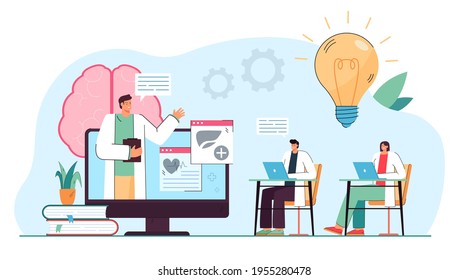 Medical Professionals Watching Webinar On Online Platform. People Having Virtual Class Flat Vector Illustration. Online Education, Medicine Concept For Banner, Website Design Or Landing Web Page