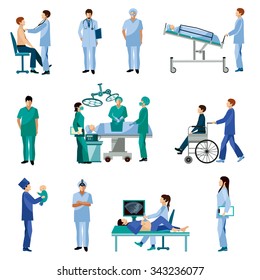 Medical professionals at work in operation room flat icons set with obstetrician surgeon abstract isolated vector illustration