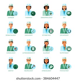 Medical professions avatars set with different subjects of medicine isolated vector illustration