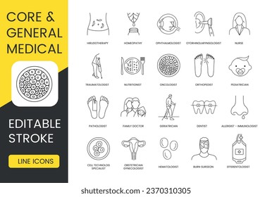 Medical professions icons set, core and general medical, editable stroke, homeopathy and ophthalmologist, otorhinolaryngologist and nurse, hirudotherapy and orthopedist, oncologist and nutritionist.