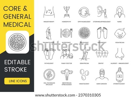 Medical professions icons set, core and general medical, editable stroke, homeopathy and ophthalmologist, otorhinolaryngologist and nurse, hirudotherapy and orthopedist, oncologist and nutritionist.